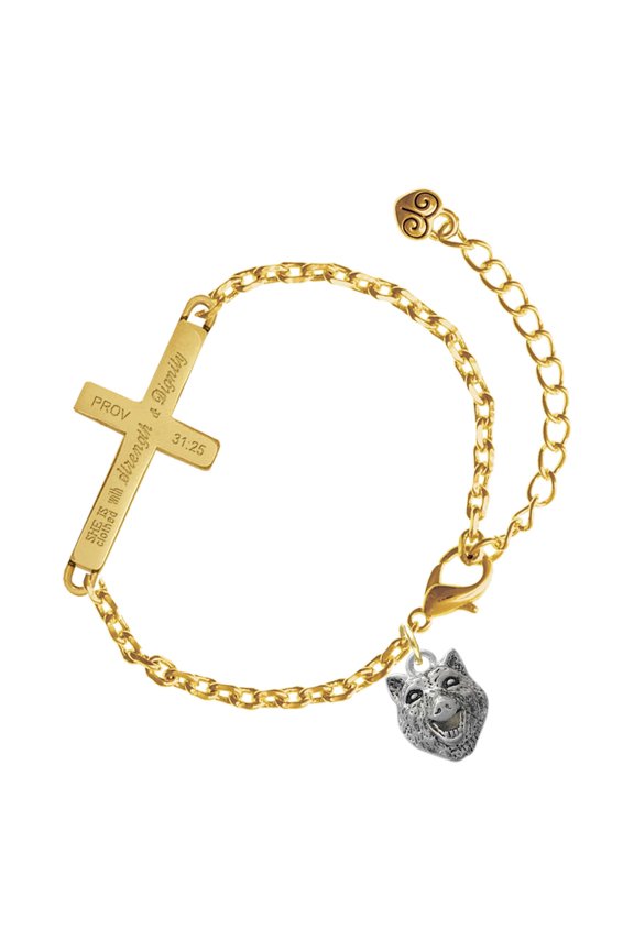 Silver-tone Wolf Head - Gold Tone Proverbs 31:25 She is Clothed with Strength and Dignity Engraved Cross Charm Bracelet, 6.5+1.5" Extender