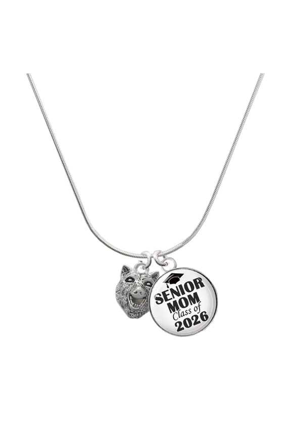 Silver-tone Wolf Head - Silvertone Senior Mom Class of 2026 Dome Necklace, 18"