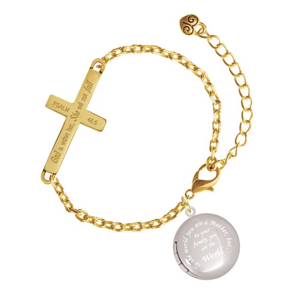 Delight Jewelry Silver-tone To the World You are a Mother Round Locket - Gold Tone Psalm 46:5 She will not fall Engraved Cross Charm Bracelet, 6.5+1.5" Extender