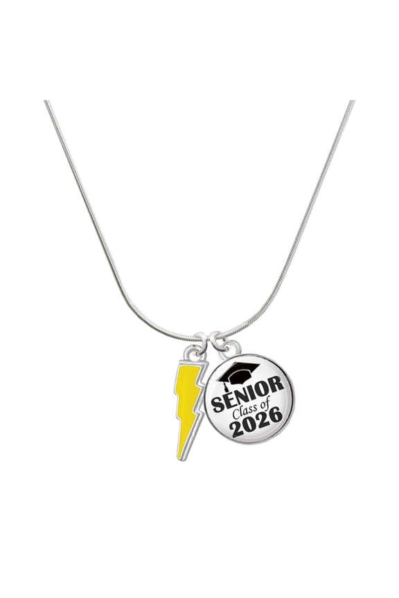 Silver-tone Yellow Lightning Bolt - Silvertone Senior Class of 2026 Dome Necklace, 18"