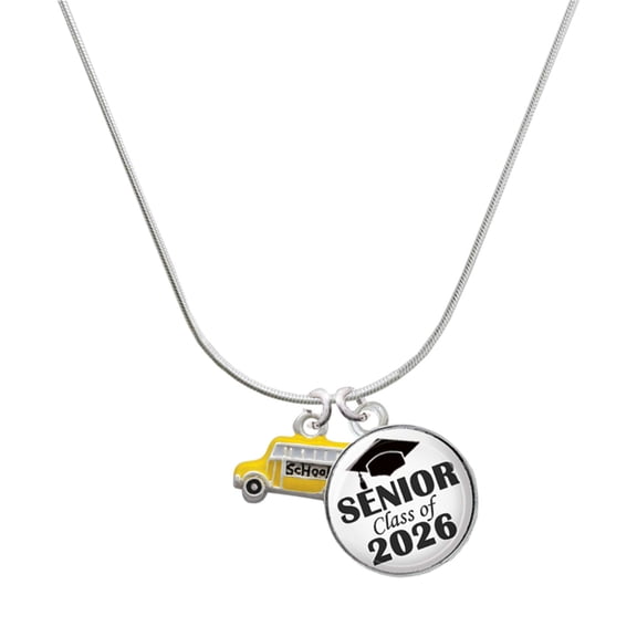 Delight Jewelry Silver-tone Yellow School Bus Side - Silvertone Senior Class of 2026 Dome Necklace, 18"