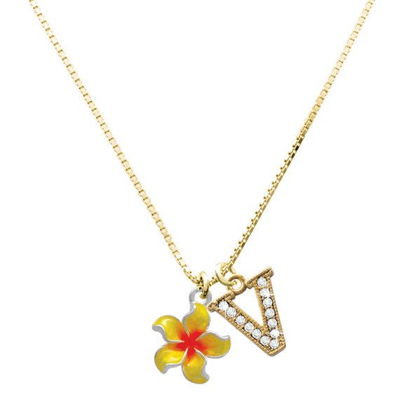 Delight Jewelry Silver-tone Yellow and Orange Plumeria Flower - Large Goldtone Crystal Initial - V - Charm Necklace, 17.5"+2"
