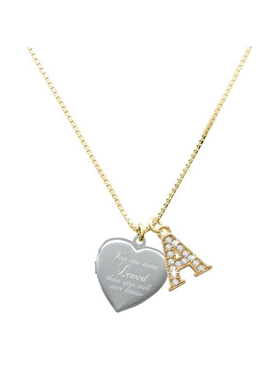 Silver-tone You Are More Loved Engraved Locket - Large Goldtone Crystal Initial - A - Charm Necklace, 17.5"+2"