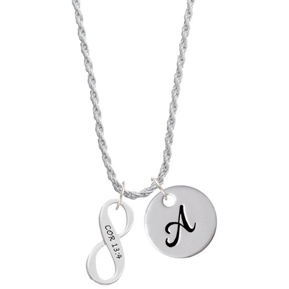 Delight Jewelry Silvertone 1 Corinthians 13:4 Infinity Sign Silvertone Script Initial Disc - A - Charm Necklace, 20"+3"