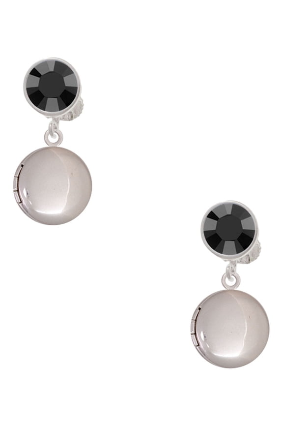 Silvertone 13.5mm Round Locket Black Crystal Clip on Earrings