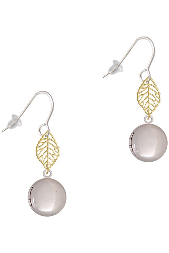 Silvertone 13.5mm Round Locket Goldtone Leaf French Earrings