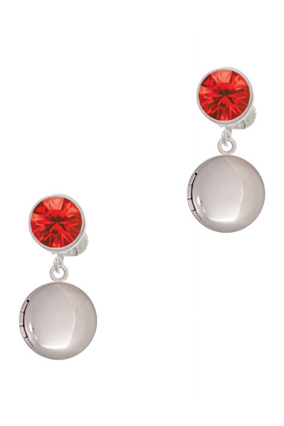 Silvertone 13.5mm Round Locket Red Crystal Clip on Earrings