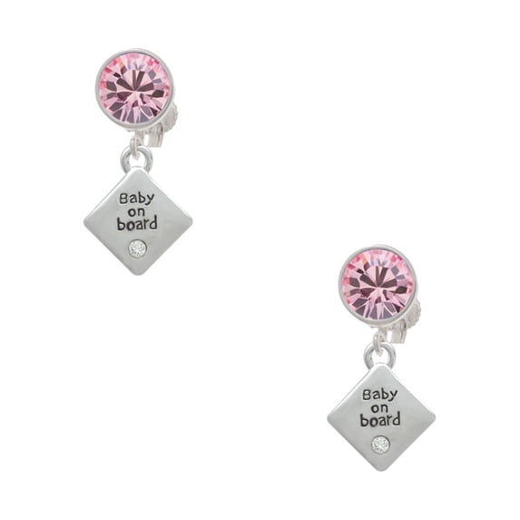 Delight Jewelry Silvertone 2-D ''Baby on Board'' Sign with Foot Print Pink Crystal Clip on Earrings