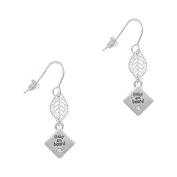 Delight Jewelry Silvertone 2-D ''Baby on Board'' Sign with Foot Print Silvertone Leaf French Earrings