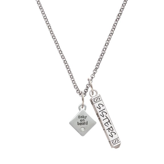 Delight Jewelry Silvertone 2-D ''Baby on Board'' Sign with Foot Print Silvertone Sisters Best Friends Forever Bar Charm Necklace, 23"