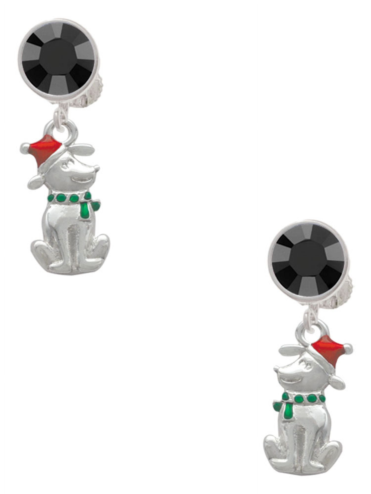 Delight Jewelry Silvertone 2-D Christmas Dog with Red Hat Black Crystal Clip on Earrings