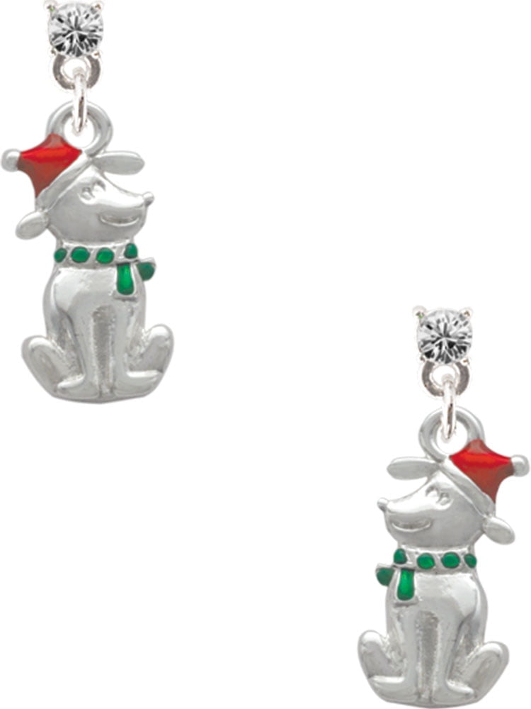 Delight Jewelry Silvertone 2-D Christmas Dog with Red Hat Clear Crystal Post Earrings
