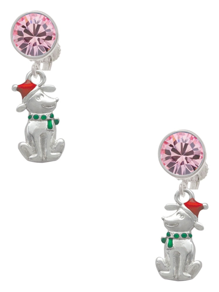 Delight Jewelry Silvertone 2-D Christmas Dog with Red Hat Pink Crystal Clip on Earrings