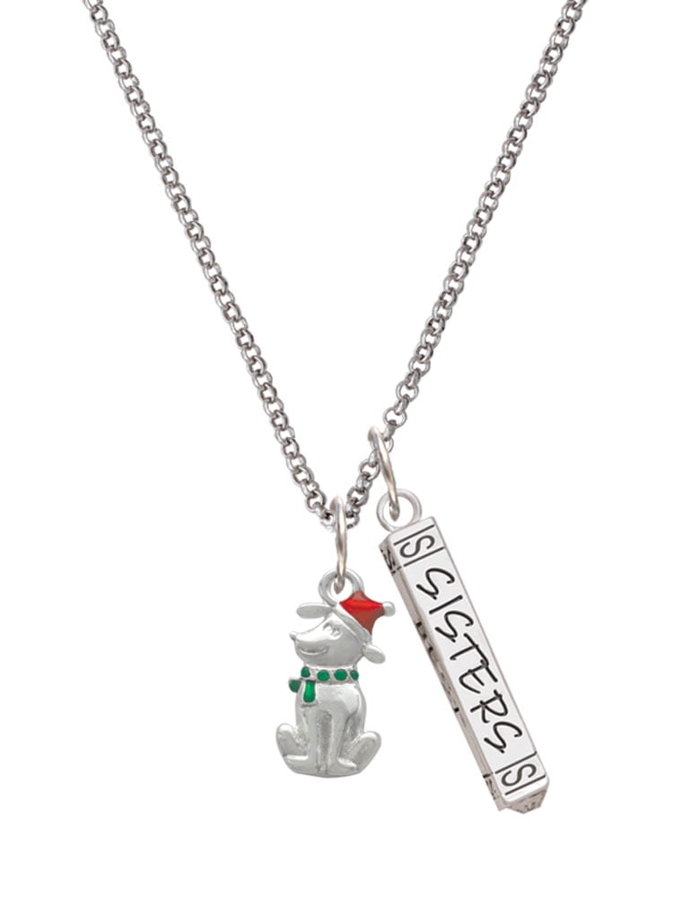 Delight Jewelry Silvertone 2-D Christmas Dog with Red Hat Silvertone Sisters Best Friends Forever Bar Charm Necklace, 23"