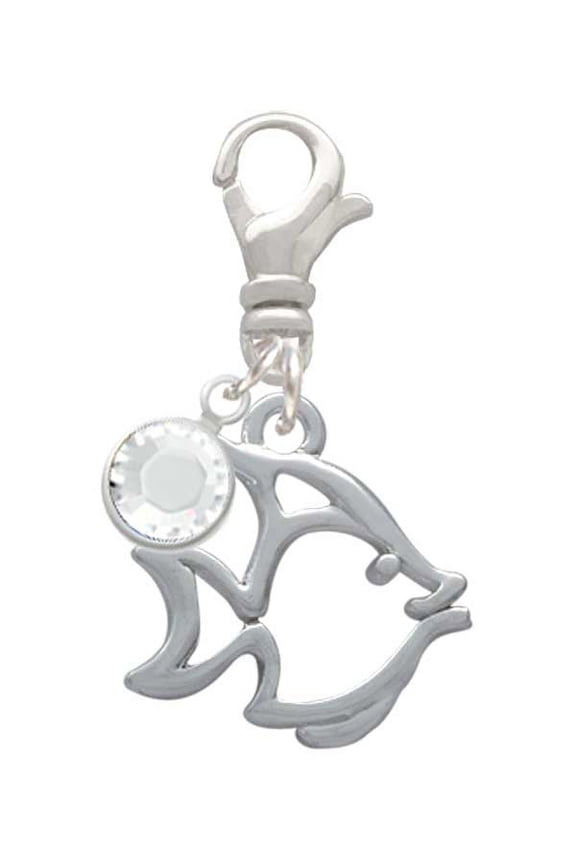 Silvertone 2-D Open Angel Fish - Silvertone Clip on Charm with Clear Crystal Drop