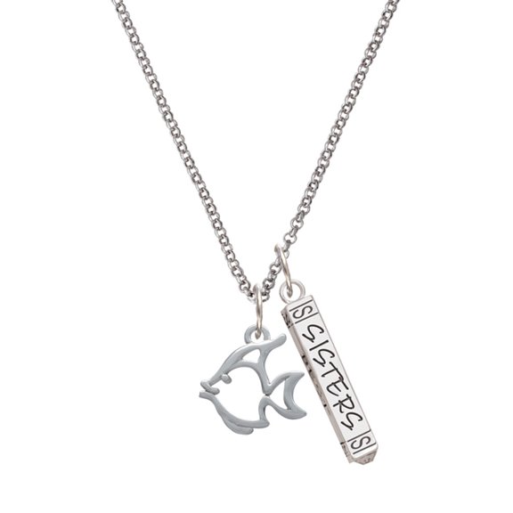 Delight Jewelry Silvertone 2-D Open Angel Fish Silvertone Sisters Best Friends Forever Bar Charm Necklace, 23"