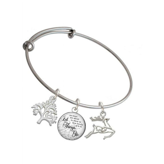 Delight Jewelry Silvertone 2-D Reindeer Silvertone Let Things Go Tree Charm Bangle Bracelet