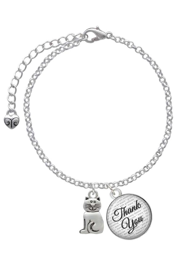Silvertone 2-D Smiling Cat - Domed Thank You Charm Bracelet, 6"+2"