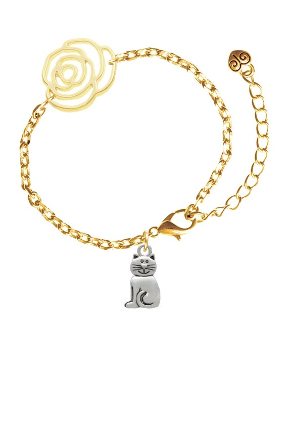 Silvertone 2-D Smiling Cat Gold-tone Flower Link Chain Bracelet, 6.75"+2" Extender