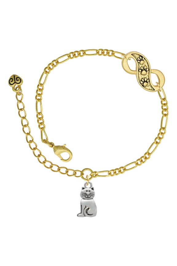 Silvertone 2-D Smiling Cat Gold-tone Paw Infinity Link Chain Bracelet, 6"+2" Extender