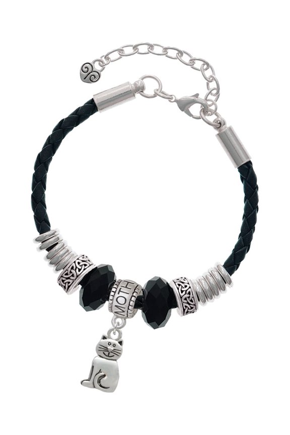 Silvertone 2-D Smiling Cat Mother Celtic Knot Leather Bead Bracelet, 7"+2" Extender