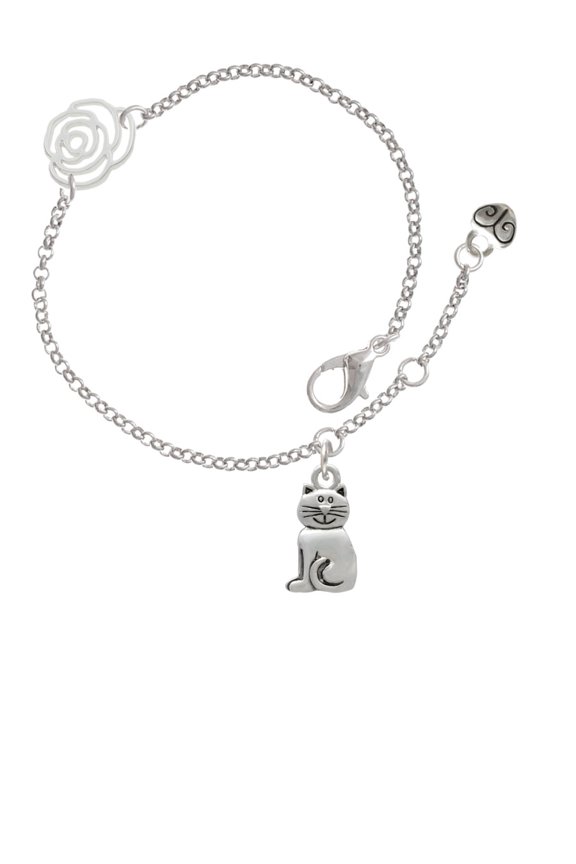 Silvertone 2-D Smiling Cat Silver-tone Rose Link Chain Bracelet, 6.25"+1.75" Extender