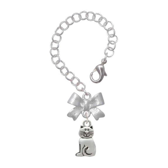 Delight Jewelry Silvertone 2-D Smiling Cat - Silvertone Bow Charm Accessory for Tumblers and Thermal Cups