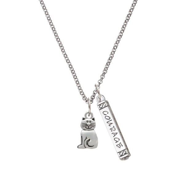 Delight Jewelry Silvertone 2-D Smiling Cat Silvertone Courage Strength Wisdom Honesty Bar Charm Necklace, 23"