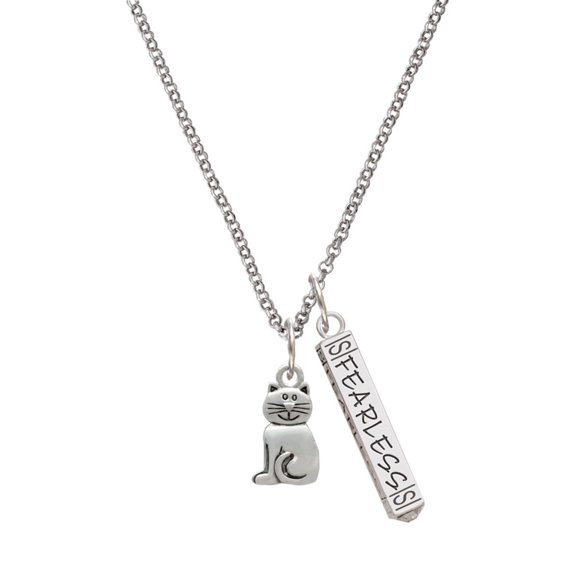 Delight Jewelry Silvertone 2-D Smiling Cat Silvertone Fearless Bar Charm Necklace, 23"