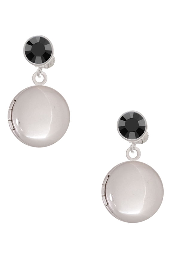 Silvertone 20mm Round Locket Black Crystal Clip on Earrings