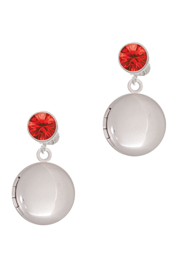 Silvertone 20mm Round Locket Red Crystal Clip on Earrings