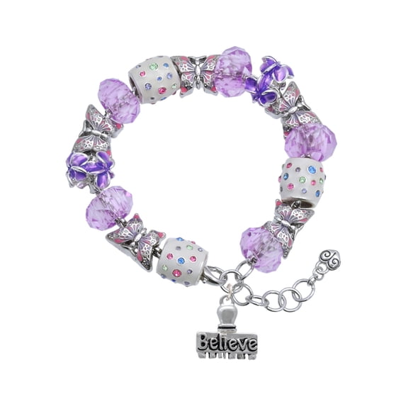 Delight Jewelry Silvertone 3-D ''Believe'' Stamp Purple Butterfly Bead Charm Bracelet, 7"+1" Extender