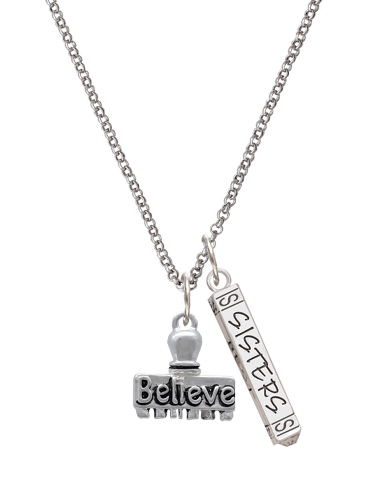 Delight Jewelry Silvertone 3-D ''Believe'' Stamp Silvertone Sisters Best Friends Forever Bar Charm Necklace, 23"