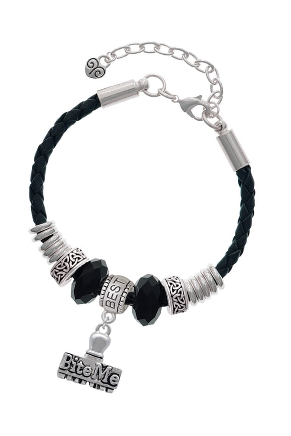 Silvertone 3-D ''Bite Me'' Stamp Best Friend Celtic Knot Leather Bead Bracelet, 7"+2" Extender