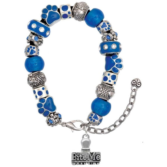 Delight Jewelry Silvertone 3-D ''Bite Me'' Stamp Blue Paw Print Bead Bracelet, 7"+2"
