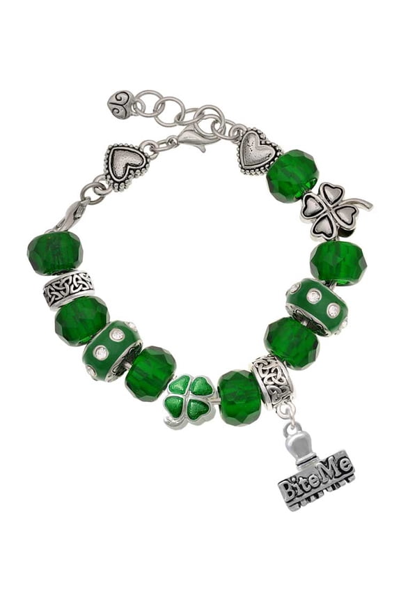 Silvertone 3-D ''Bite Me'' Stamp - Green Irish Luck Bead Charm Bracelet, 7.5"
