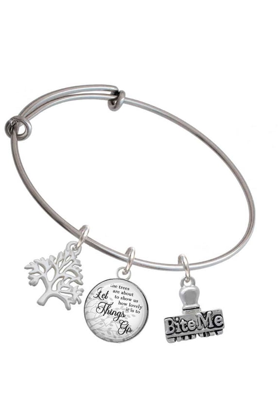 Silvertone 3-D ''Bite Me'' Stamp Silvertone Let Things Go Tree Charm Bangle Bracelet
