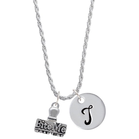 Delight Jewelry Silvertone 3-D ''Bite Me'' Stamp Silvertone Script Initial Disc - T - Charm Necklace, 20"+3"