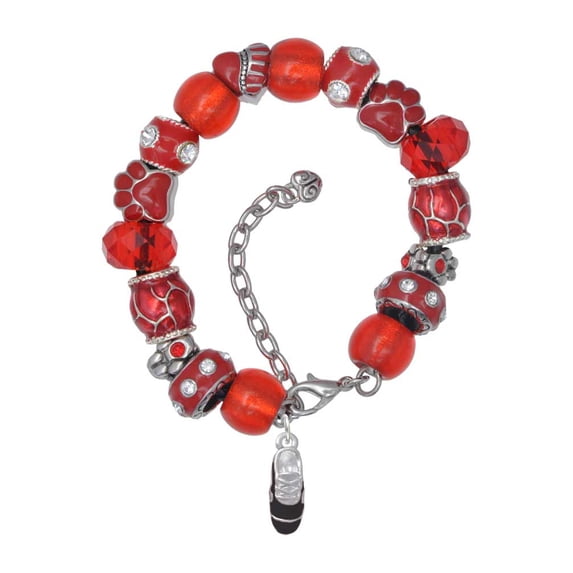 Delight Jewelry Silvertone 3-D Black Running Shoe Red Paw Print Bead Bracelet, 7"+2"