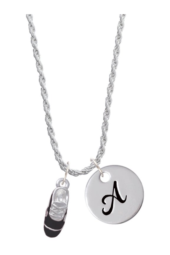 Silvertone 3-D Black Running Shoe Silvertone Script Initial Disc - A - Charm Necklace, 20"+3"