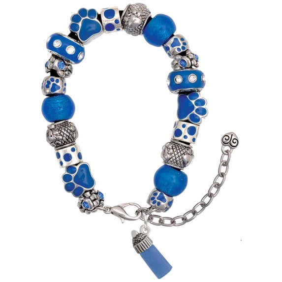 Delight Jewelry Silvertone 3-D Blue Baby Bottle Blue Paw Print Bead Bracelet, 7"+2"