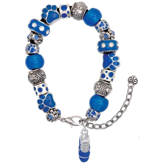 Delight Jewelry Silvertone 3-D Blue Running Shoe Blue Paw Print Bead Bracelet, 7"+2"