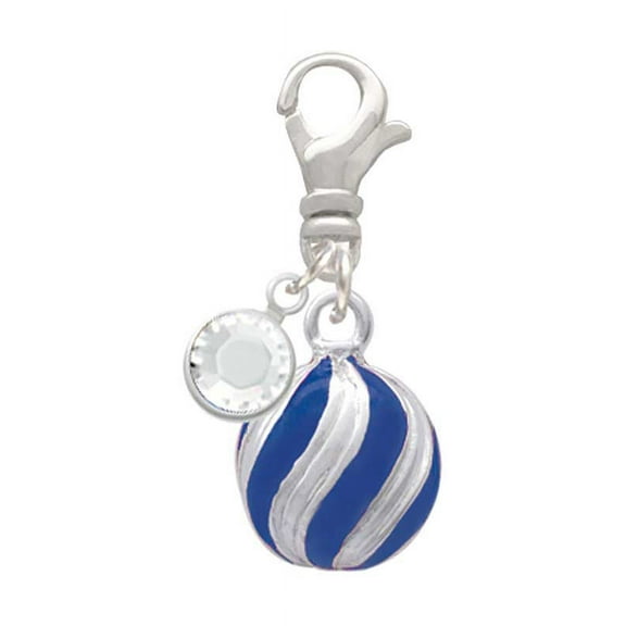 Delight Jewelry Silvertone 3-D Blue and Striped Ornament - Silvertone Clip on Charm with Clear Crystal Drop