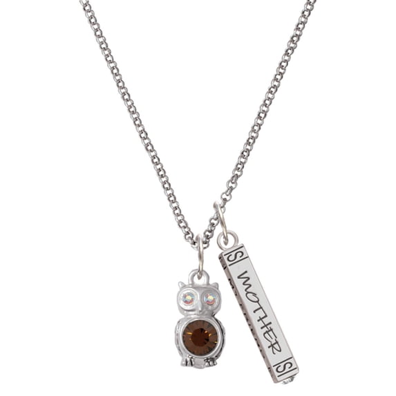 Delight Jewelry Silvertone 3-D Brown & AB Crystal Owl Silvertone Mother Daughter Bar Charm Necklace, 23"