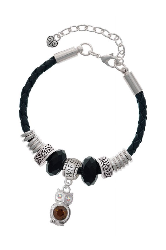 Silvertone 3-D Brown & AB Crystal Owl Wife Celtic Knot Leather Bead Bracelet, 7"+2" Extender