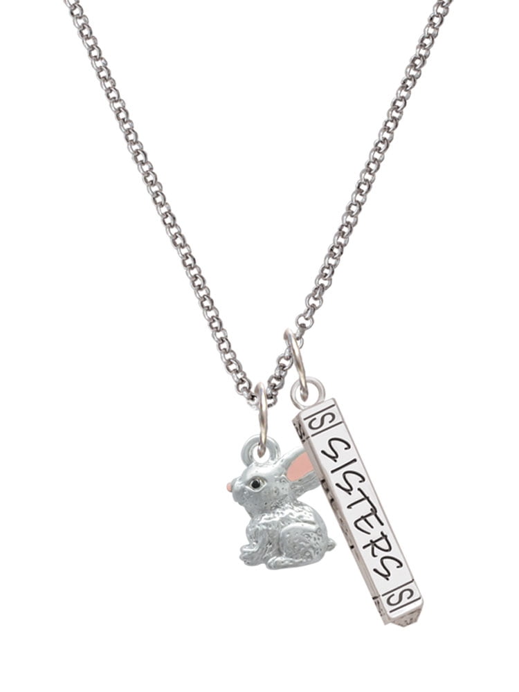 Delight Jewelry Silvertone 3-D Bunny Silvertone Sisters Best Friends Forever Bar Charm Necklace, 23"