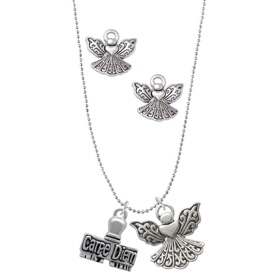 Delight Jewelry Silvertone 3-D ''Carpe Diem'' Stamp Silver tone Guardian Angel Charm Necklace and Stud Earrings