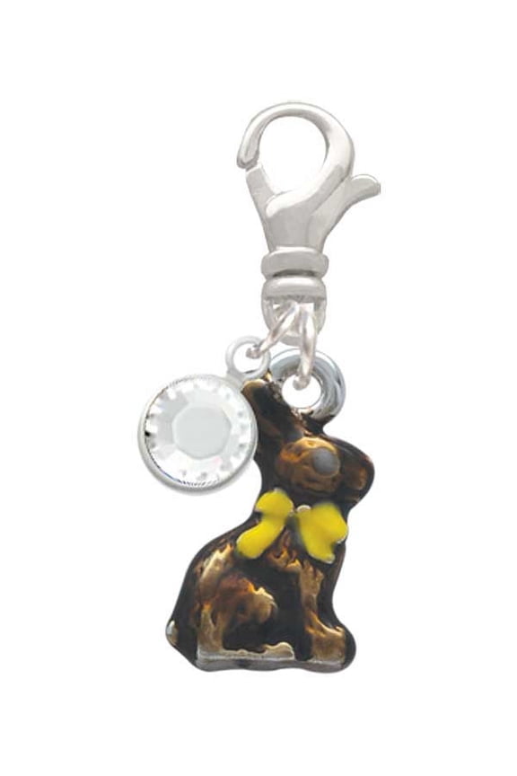 Silvertone 3-D Chocolate Bunny - Silvertone Clip on Charm with Clear Crystal Drop