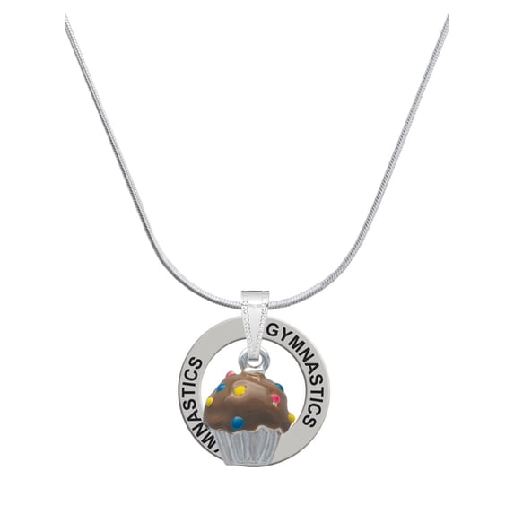 Delight Jewelry Silvertone 3-D Chocolate Cupcake with Sprinkles Gymnastics Ring Charm Necklace, 18"