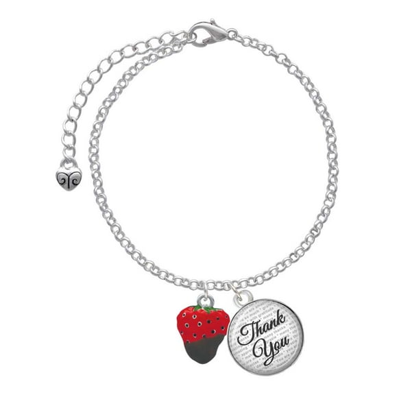 Delight Jewelry Silvertone 3-D Chocolate Dipped Strawberry - Domed Thank You Charm Bracelet, 6"+2"